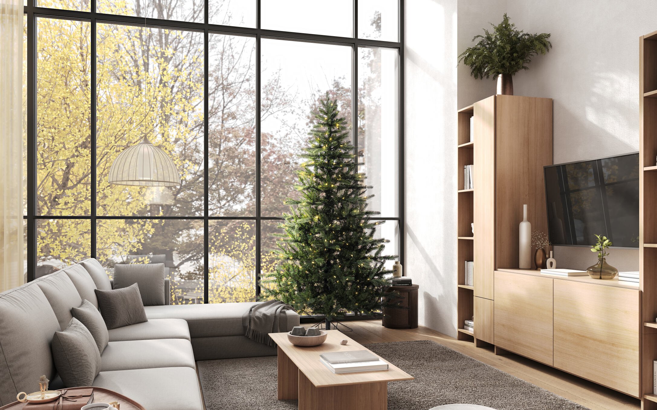 Artificial Itasca Vickerman tree in designer living room